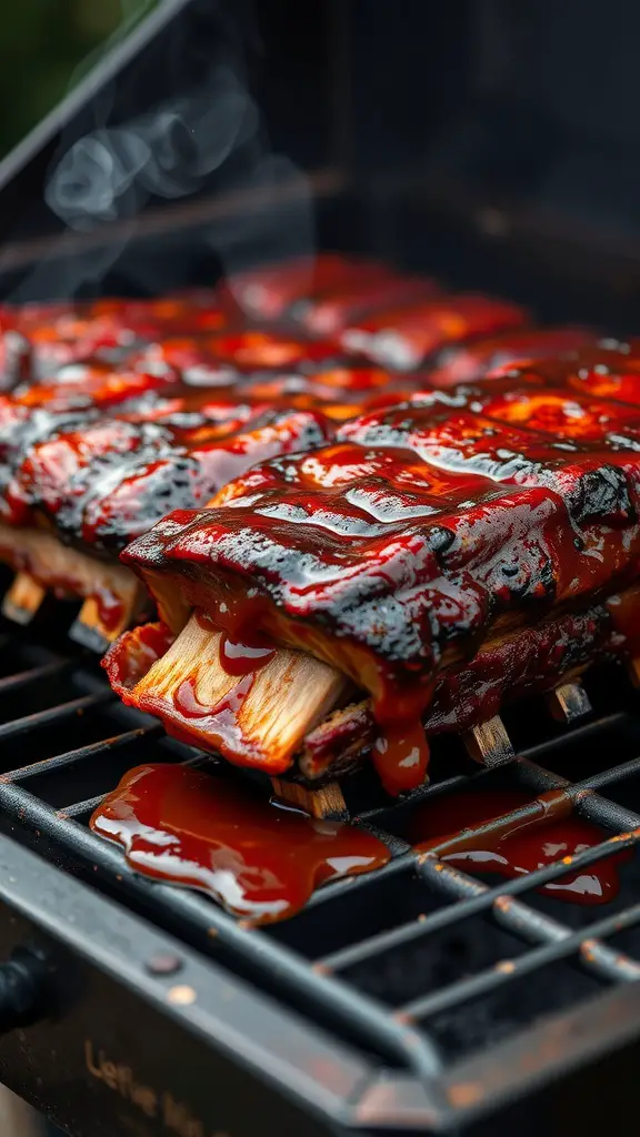 Grilled BBQ ribs covered in homemade sauce on a grill.