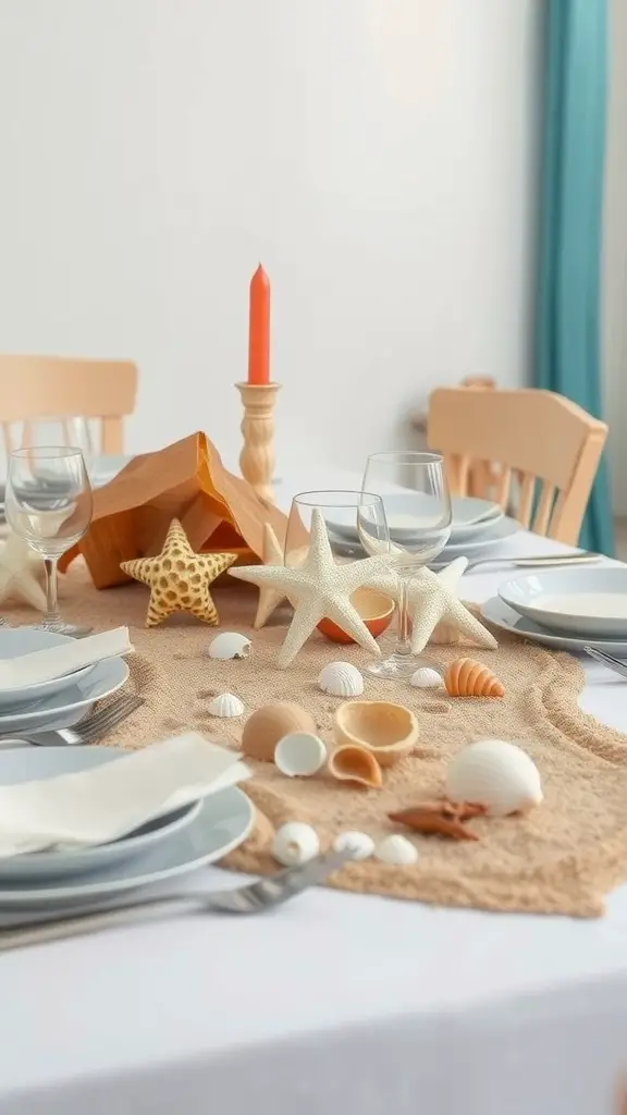 21 Stunning Summer Table Decoration Ideas You'll Love 10 A beach-inspired table setting with seashells, starfish, a wooden accent piece, and a candle.