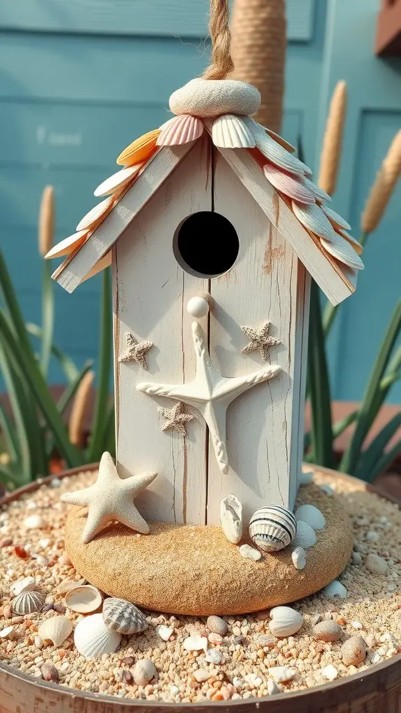 25 Creative DIY Birdhouse Design Ideas 16 A beach-themed birdhouse decorated with seashells and a sandy base.