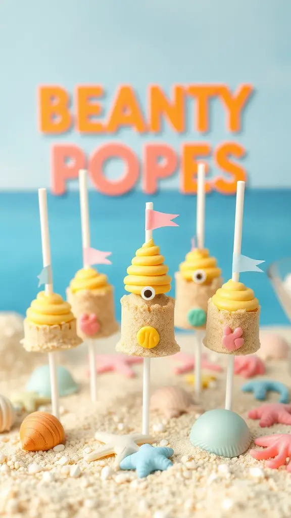 21 Creative Summer Baby Shower Ideas to Celebrate the Arrival of Baby 11 Colorful beach-themed cake pops resembling sandcastles with flags and seashells.