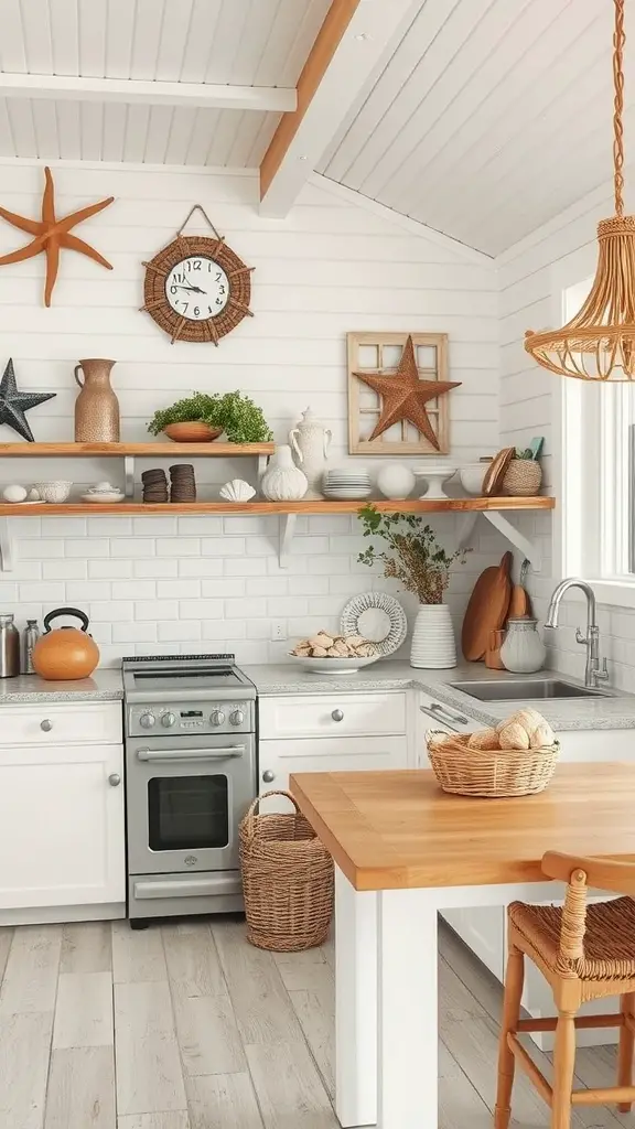 A beach-themed kitchen with white walls, wooden accents, and coastal decor.