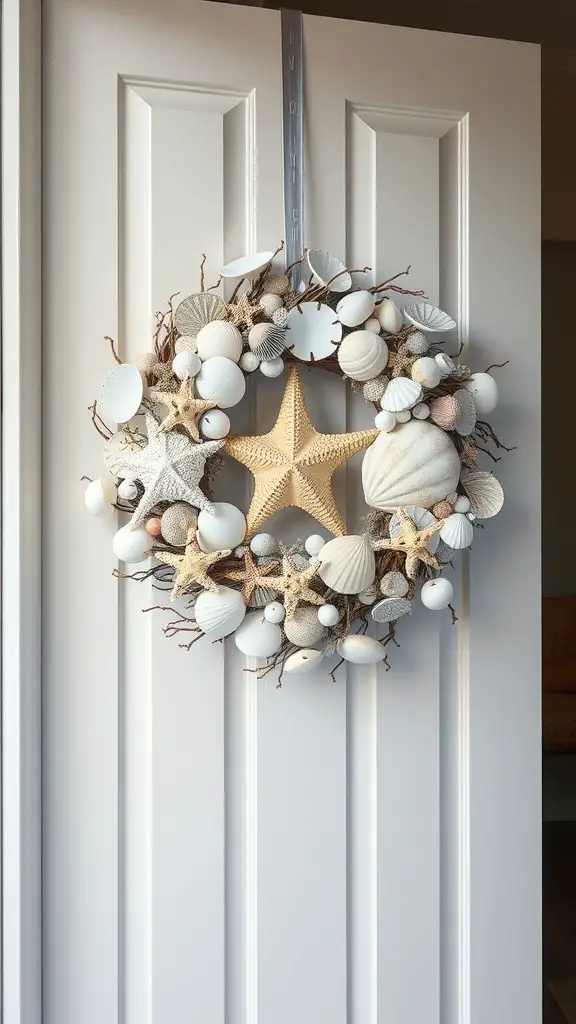 35 Stunning Summer Wreath Ideas for Your Front Door 8 A beach-themed wreath decorated with seashells, starfish, and natural twigs, hanging on a front door.