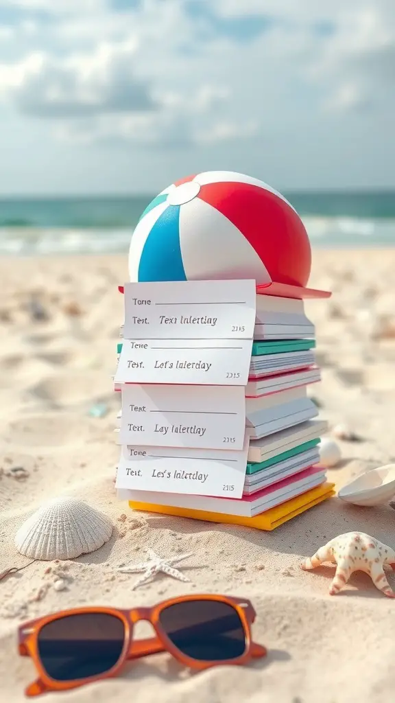 21 Creative Summer Baby Shower Ideas to Celebrate the Arrival of Baby 10 A colorful beach ball on a stack of invitation cards on a sandy beach.