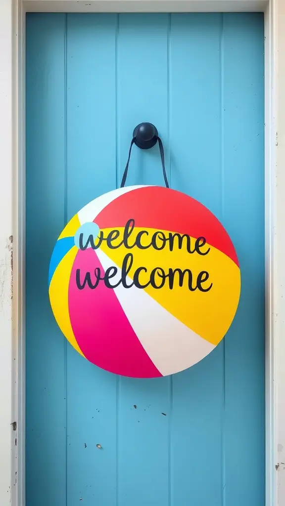 21 Creative Summer Door Hanger Ideas You’ll Love 8 A colorful beach ball door hanger with the word 'welcome' hanging on a light blue door.