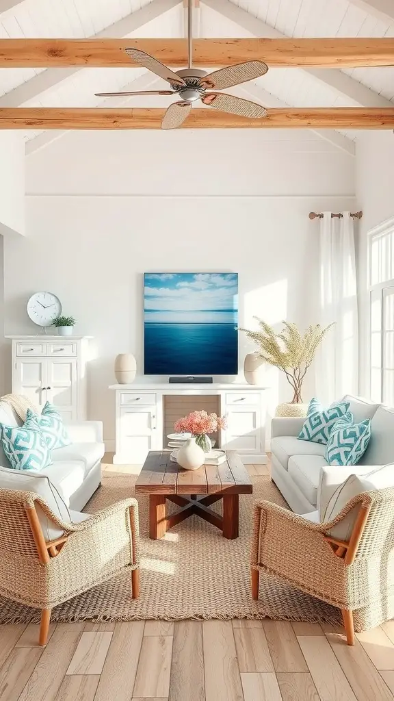 23 Bright and Cheerful Summer Decorations to Enhance Your Home 12 A bright living room with beachy decor featuring white sofas, turquoise pillows, and ocean-themed artwork.