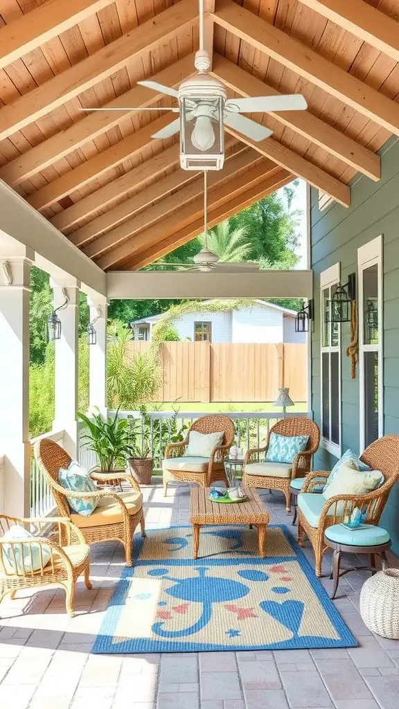 A beachy patio with wicker furniture, nautical-themed decor, and a cozy atmosphere.