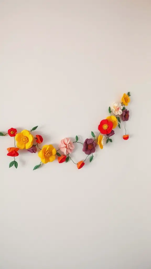 Colorful beaded flower garland with yellow, pink, and purple flowers on a plain background.