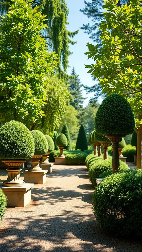 A well-maintained garden featuring neatly pruned topiary plants in sunny weather.