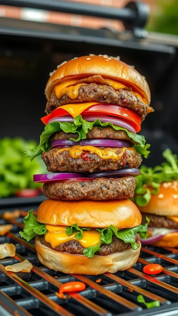 A stack of gourmet beef burgers with colorful toppings on a grill