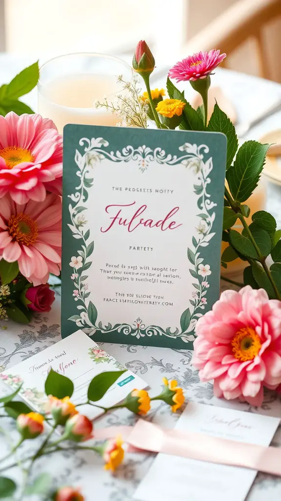 A beautifully arranged set of bespoke garden party invitations with colorful flowers and a drink