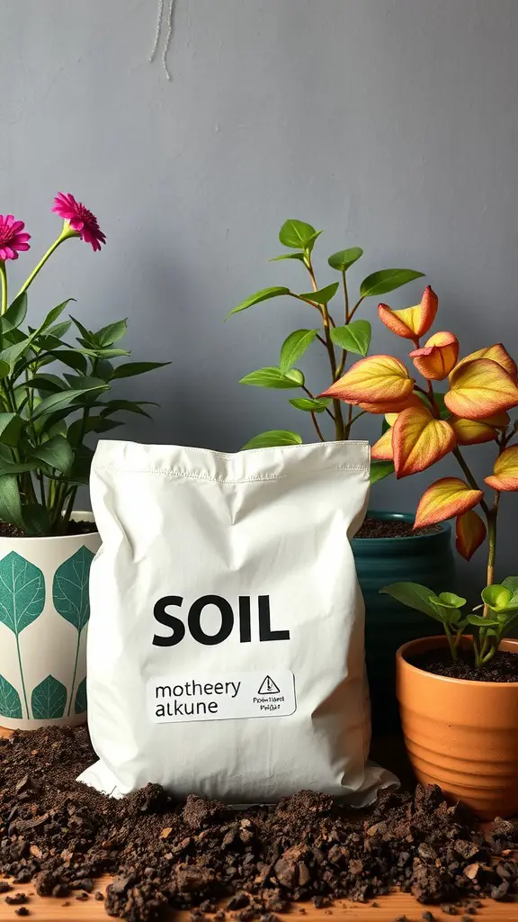 A bag of soil labeled 'motheery alkune' placed on dark soil, surrounded by various vibrant plants in decorative pots.