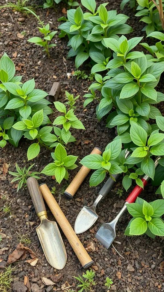 Gardening tools placed among Mother Tongue plants in soil.