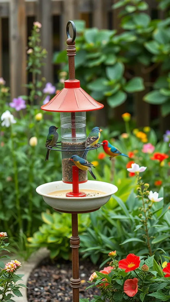 A colorful bird feeder and bath setup in a backyard garden with blooming flowers.