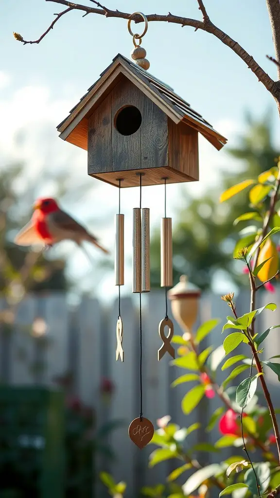 25 Creative DIY Birdhouse Design Ideas 17 A wooden birdhouse hanging from a tree with wind chimes below it.
