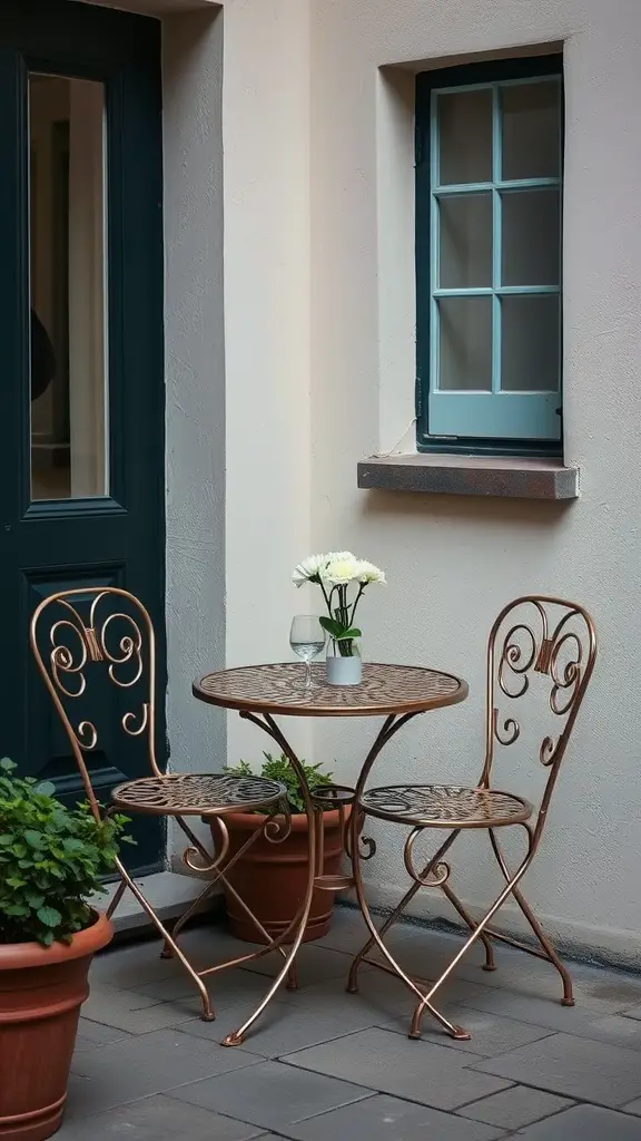 A cozy bistro table and chairs set against a beige wall with potted plants and a vase of flowers.