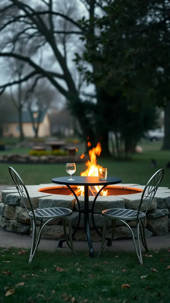 A bistro table and chairs beside a fire pit, surrounded by trees.