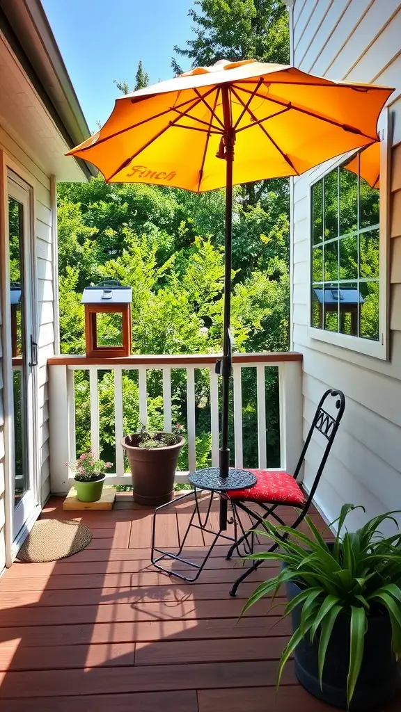 21 Inspiring Small Deck Ideas to Maximize Your Outdoor Space 16 A small deck featuring a bistro table with an orange umbrella, surrounded by potted plants and a decorative chair.