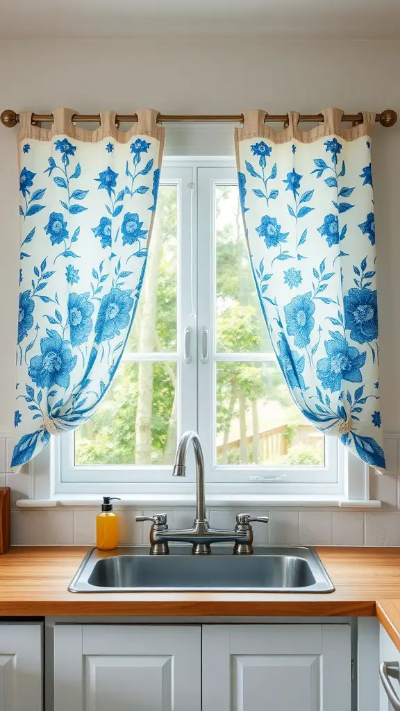 Blue and white floral curtains hanging over a kitchen sink, letting in natural light.