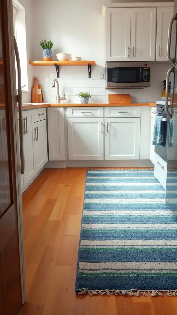 A blue and white striped rug in a modern kitchen with white cabinets and wooden accents.