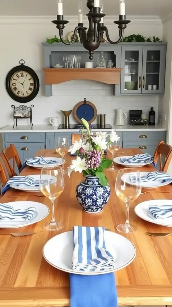 A beautifully arranged blue and white themed dining table with elegant plates, napkins, and a floral centerpiece.