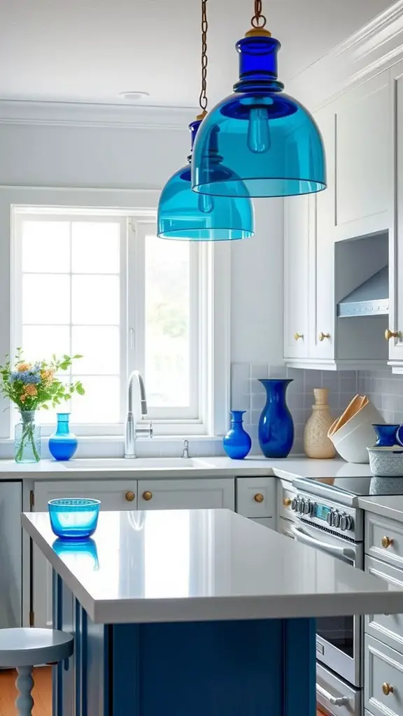 A bright kitchen featuring blue glass pendant lights, decorative blue vases, and white cabinetry.