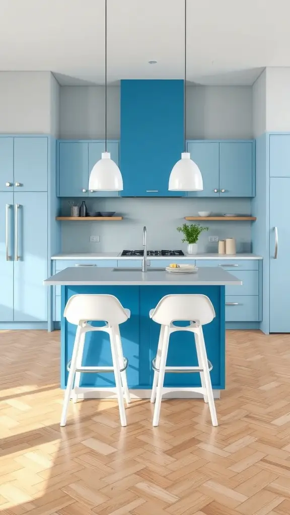 Modern kitchen featuring a blue island with white stools and pendant lighting