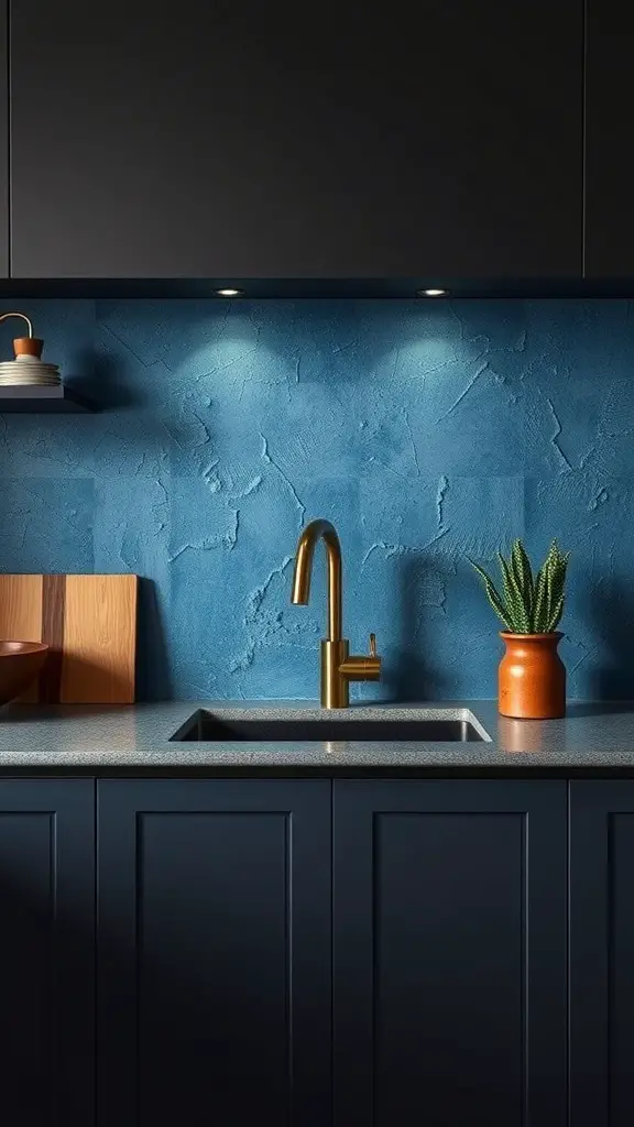 Kitchen with blue textured plaster backsplash and dark cabinets