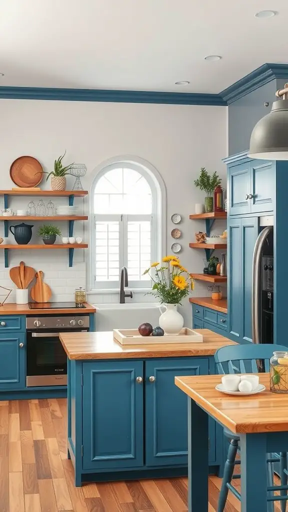 A blue and white kitchen featuring blue wooden cabinets and wooden countertops.