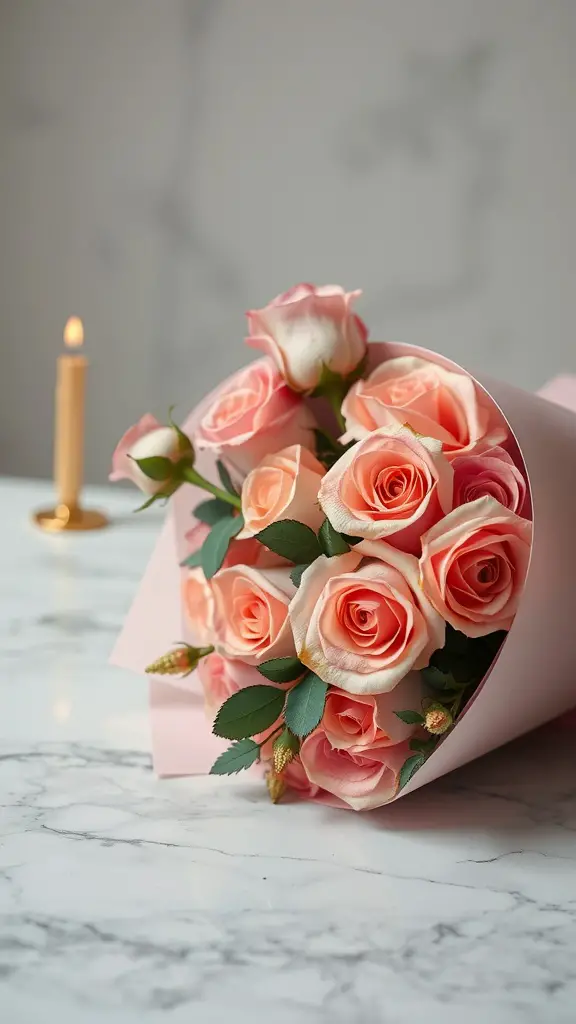 21 Stunning Spring Wedding Bouquet Ideas You’ll Love 4 A bouquet of blush and gold roses arranged elegantly on a marble table with a candle