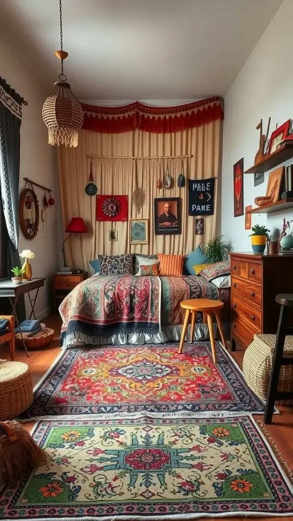 13 Summer Bedroom Aesthetic Ideas to Refresh Your Space 9 A bohemian-style bedroom with colorful textiles, eclectic wall art, and natural elements