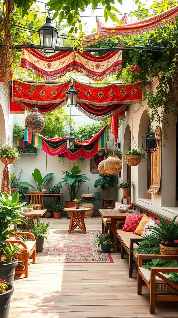A cozy bohemian outdoor living space with colorful textiles, wooden seating, and lush plants.