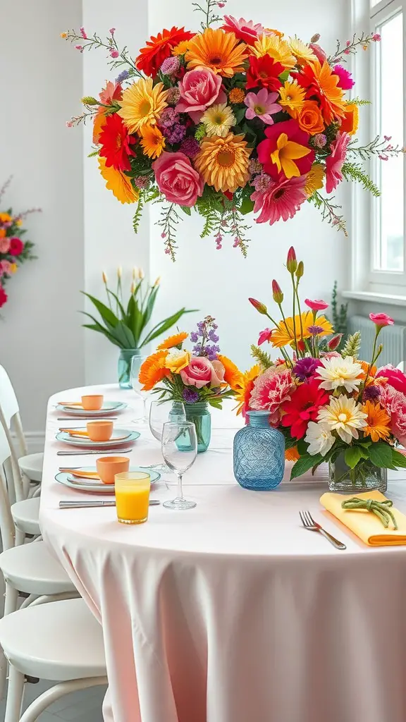 A vibrant Mother's Day tablescape featuring bold flowers in pink, orange, and yellow, with pastel dishes and glassware.