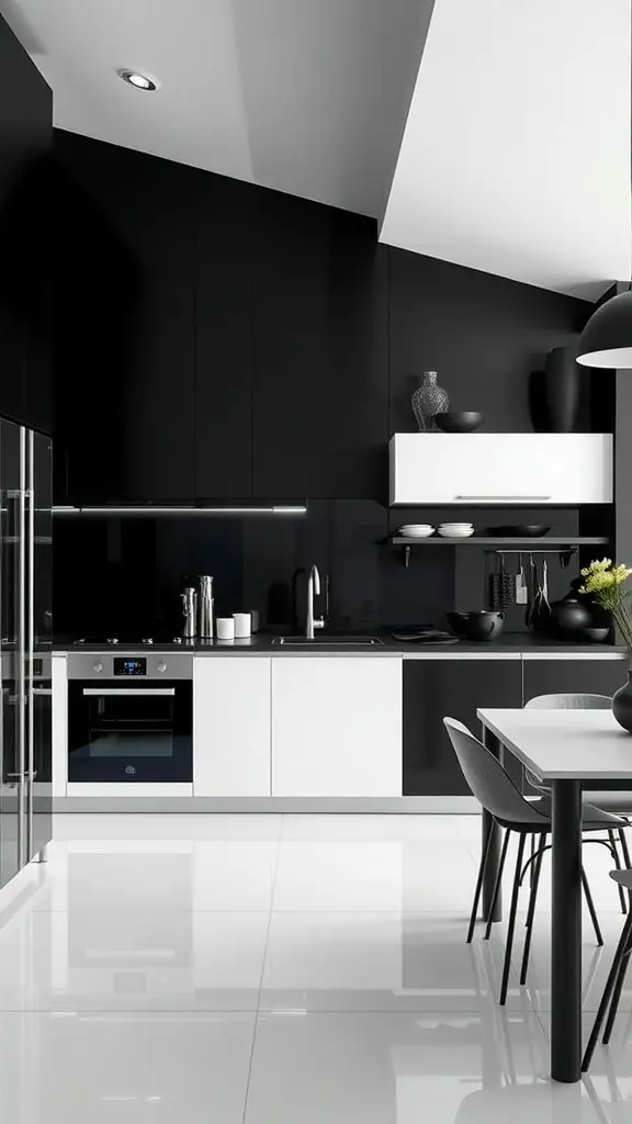 Modern kitchen featuring a bold black and white contrast design with sleek cabinetry and elegant decor.