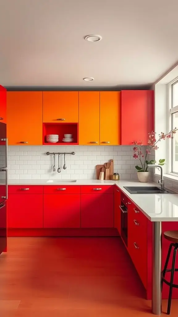 A contemporary kitchen featuring bold red and orange cabinets with white countertops.