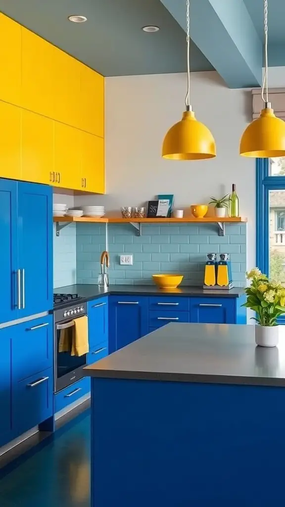 A kitchen with bold blue cabinets and yellow accents, showcasing a vibrant color palette.