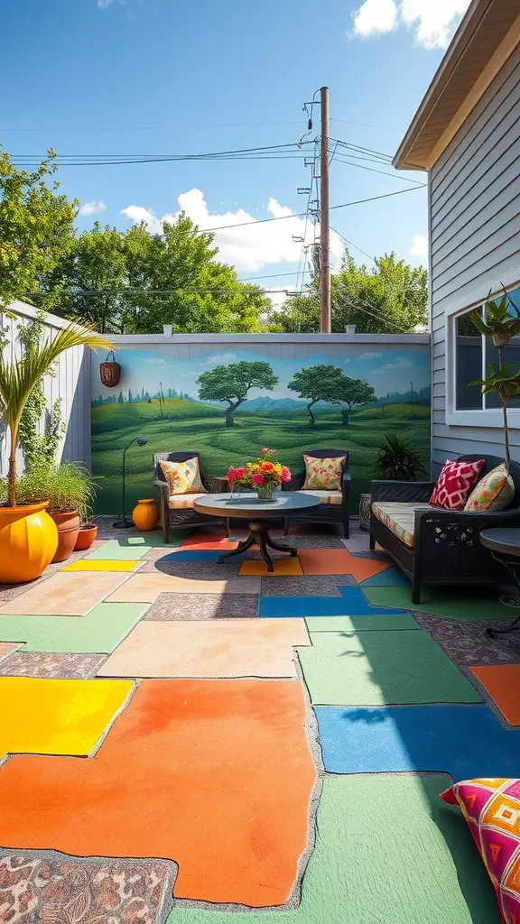 Colorful stamped concrete patio with various bold colors and a mural in the background.