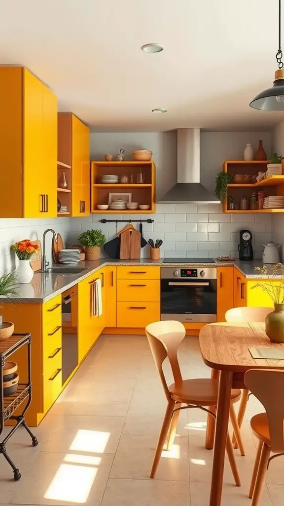 Bright mustard yellow kitchen cabinets with a cozy dining area