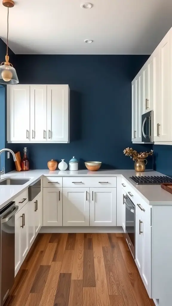 A modern kitchen featuring navy blue walls, white cabinets, and wooden flooring.