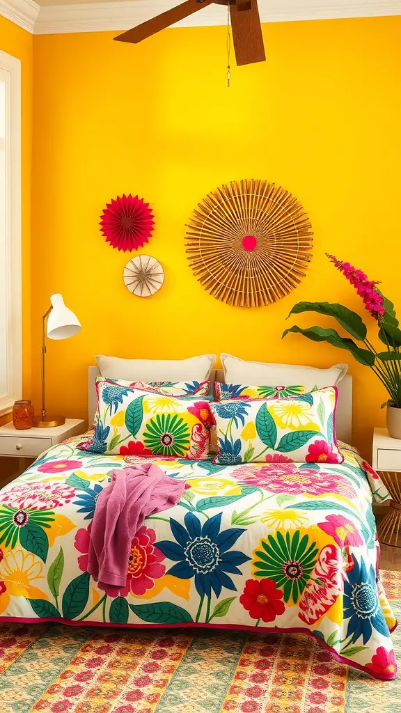 27 Stylish Summer Bedroom Ideas to Refresh Your Space 11 A colorful summer bedroom with bold floral patterns on the bedspread and yellow walls