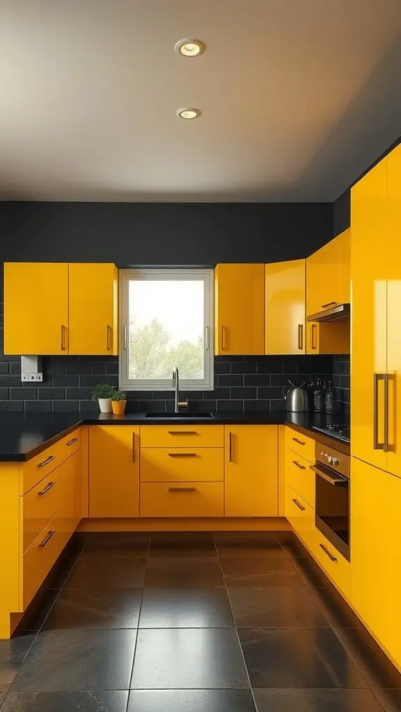 A modern kitchen featuring bold yellow cabinets and black accents, creating a striking contrast.