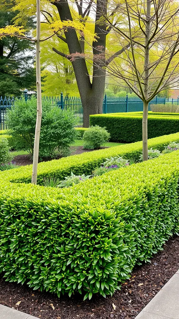 A well-maintained boxwood hedge in a garden setting, highlighting its lush green leaves and structured appearance.