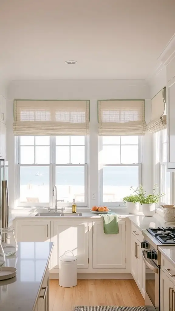 A bright beach house kitchen with light window treatments, showcasing an ocean view.