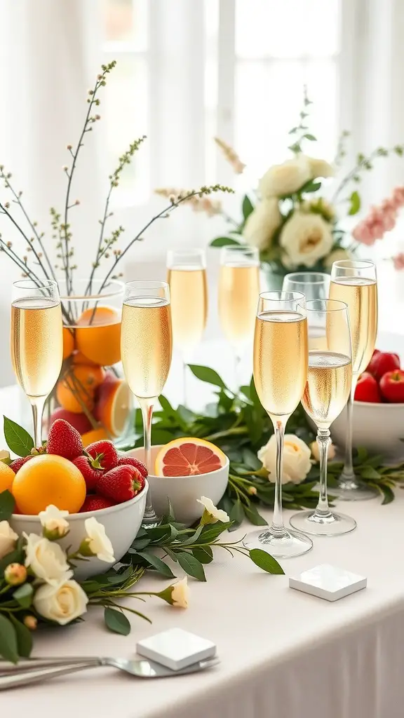 17 Creative Summer Bridal Shower Ideas for a Memorable Celebration 8 A beautifully arranged bridal brunch table featuring a mimosa bar with champagne flutes, fresh fruits, and floral decorations.