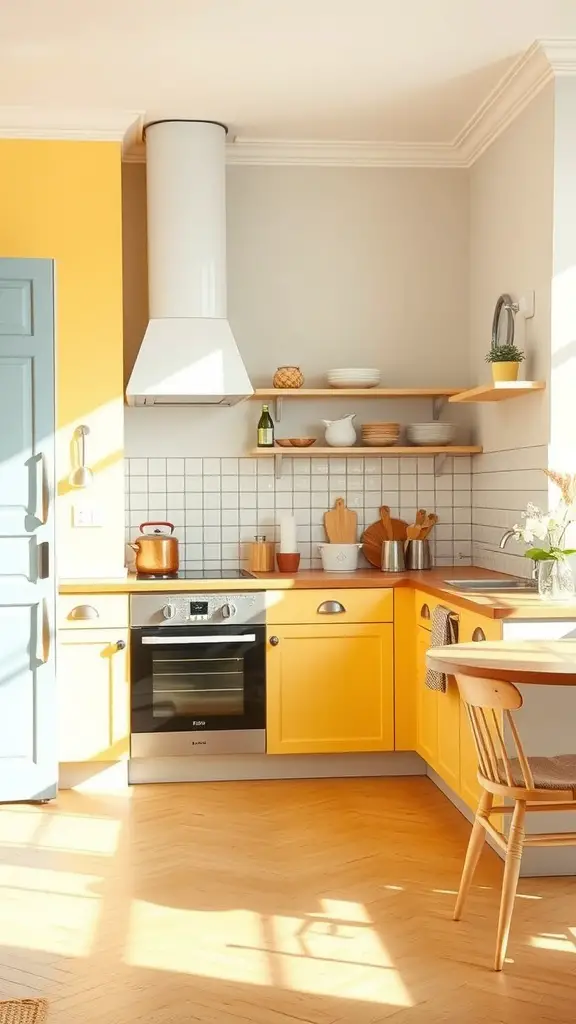 A bright kitchen with yellow cabinets, gray walls, and a light blue door, featuring modern appliances and wooden shelves.