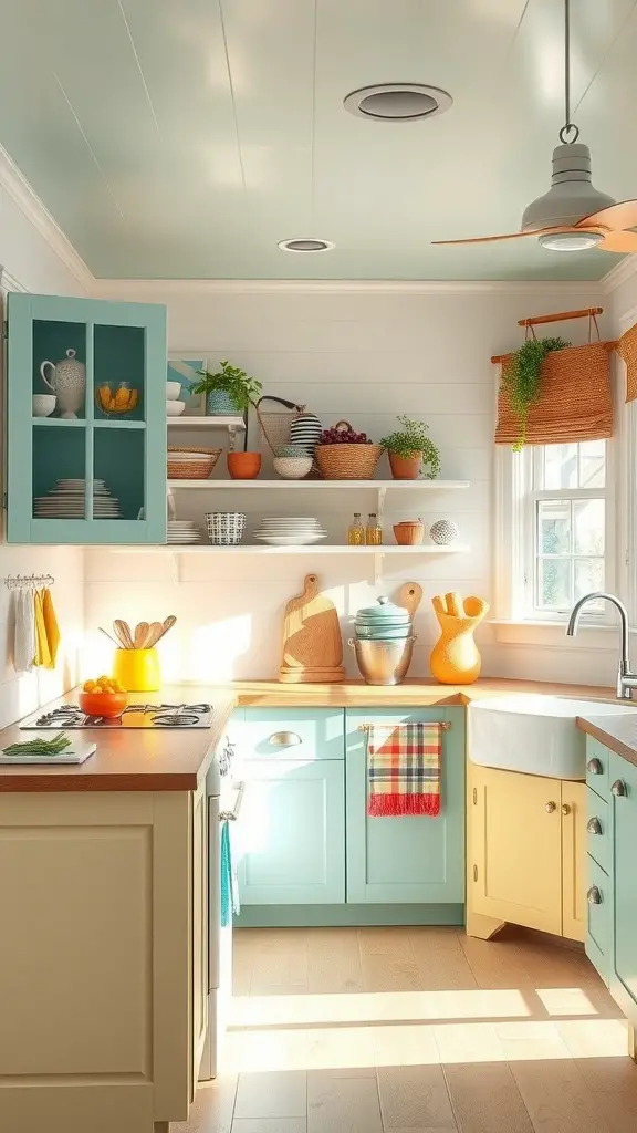 A beach house kitchen with turquoise and yellow cabinets, warm wood countertops, and bright decor, filled with natural light.