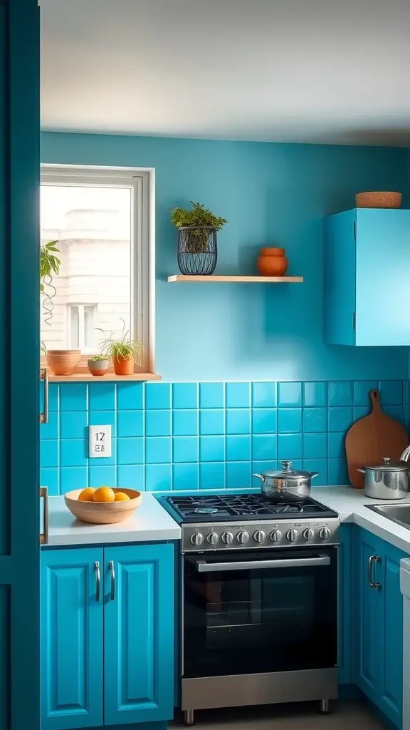 A bright kitchen with blue walls, featuring a stove, white countertops, and plants on shelves.