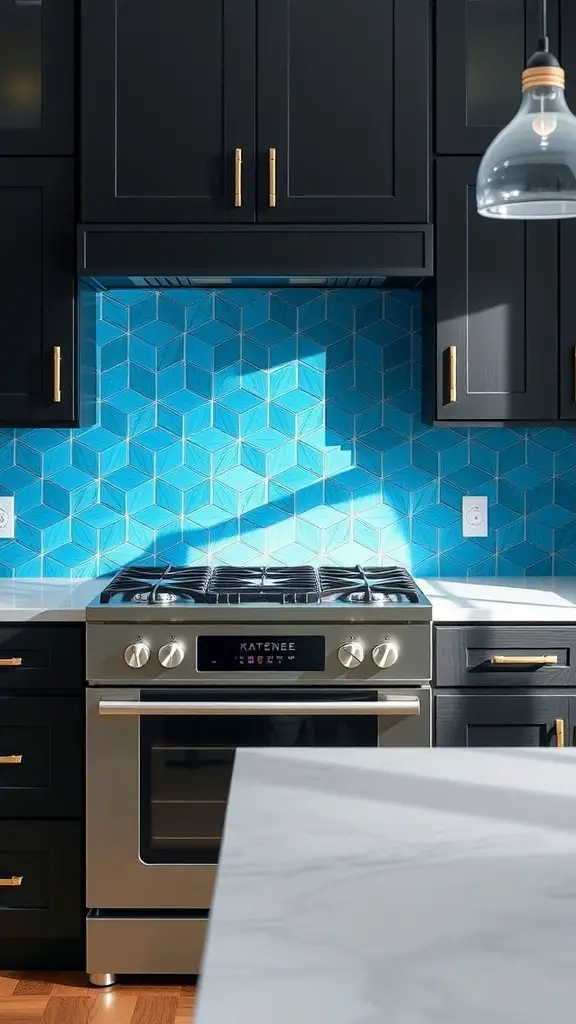 Bright blue geometric backsplash with dark kitchen cabinets