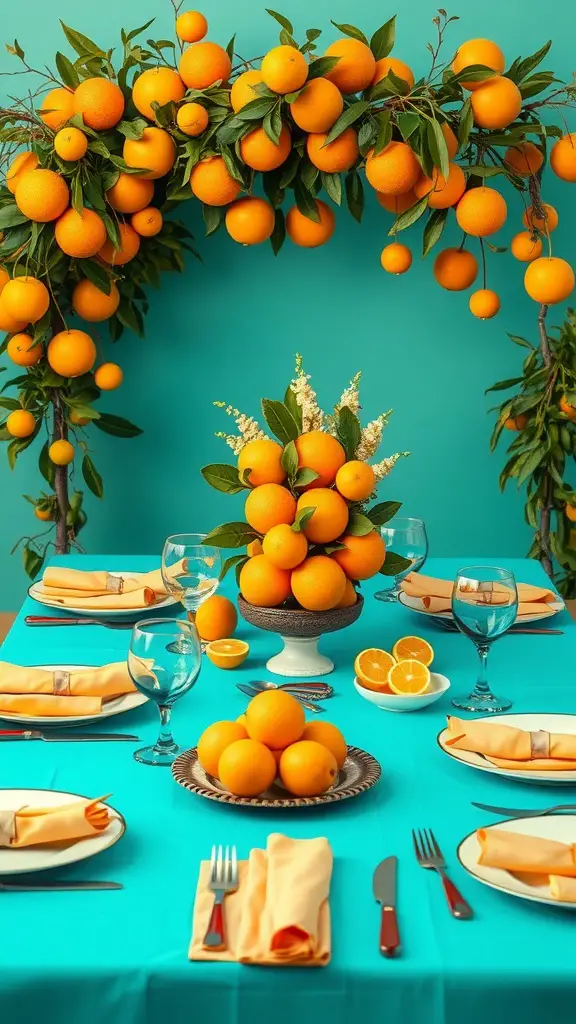 A Mother's Day tablescape featuring bright oranges and turquoise elements, creating a cheerful and inviting atmosphere.