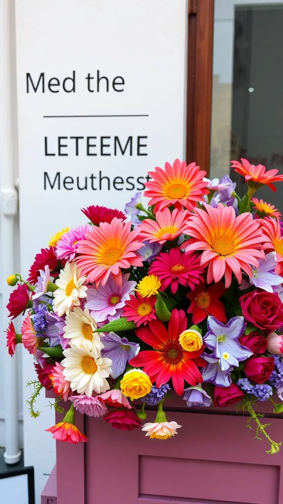 A colorful flower box filled with various flowers including daisies, roses, and lilies.