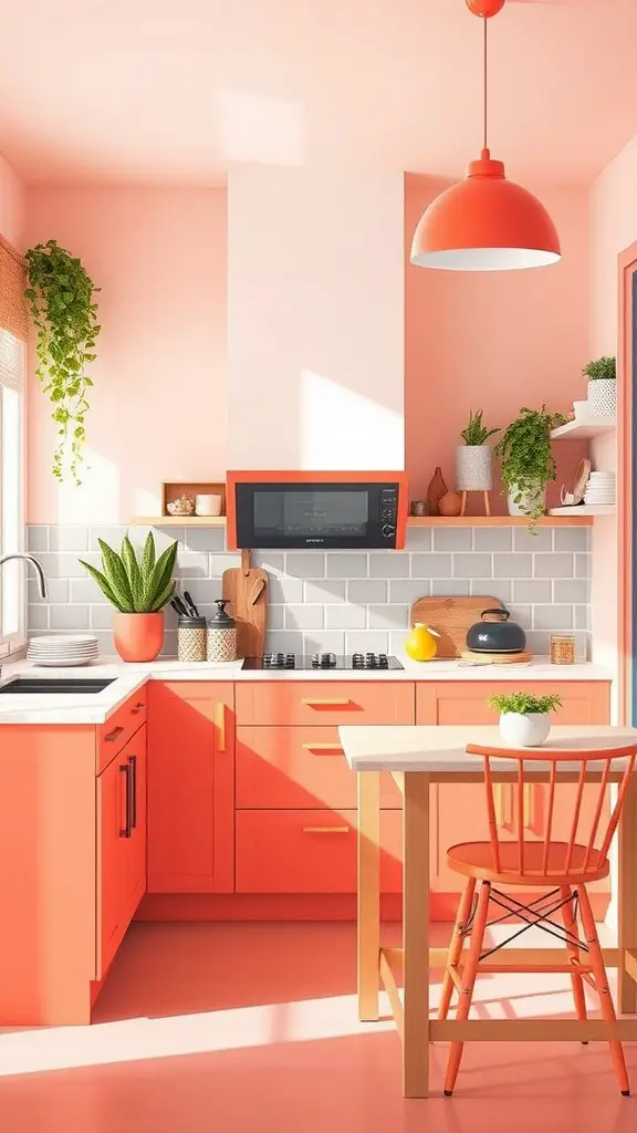 A kitchen featuring bright coral cabinets and decor, with plants and natural light.